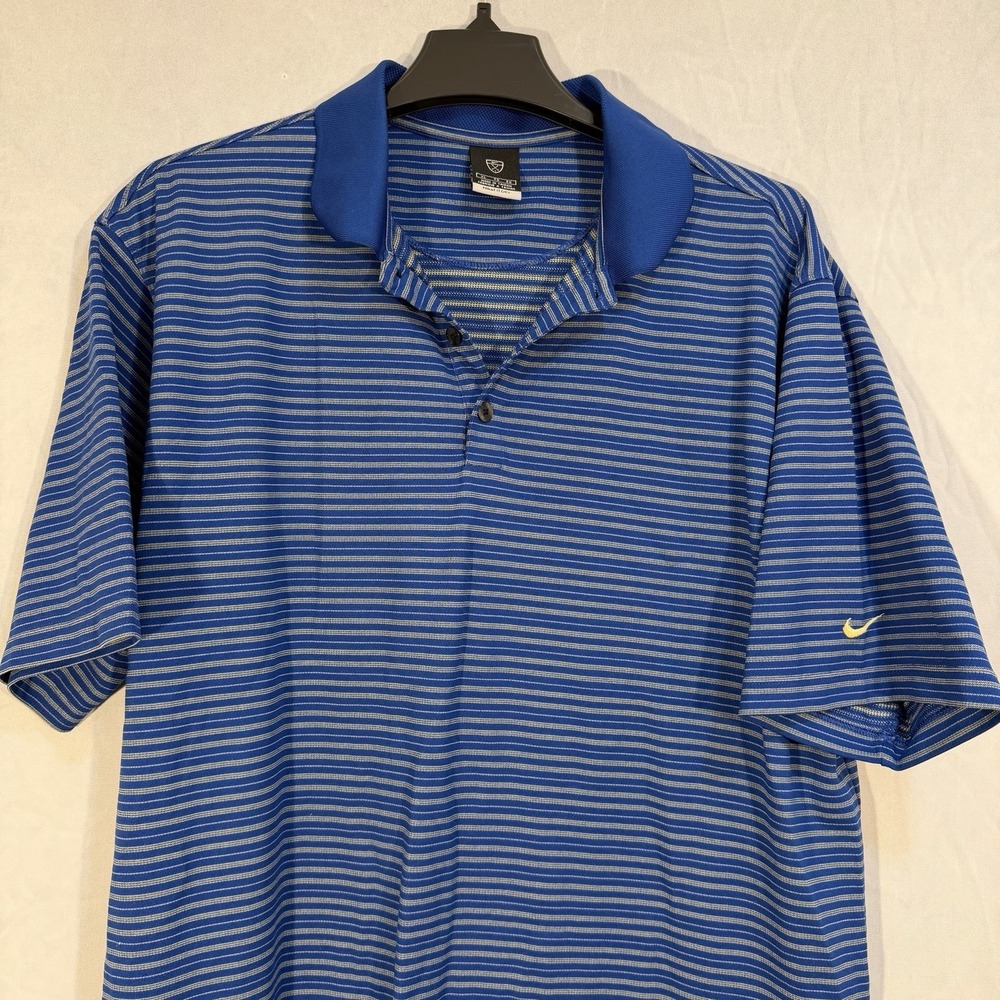 Nike Men's Golf Polo Blue Striped Dri Fit XL Shirt Nike Logo Sleeve